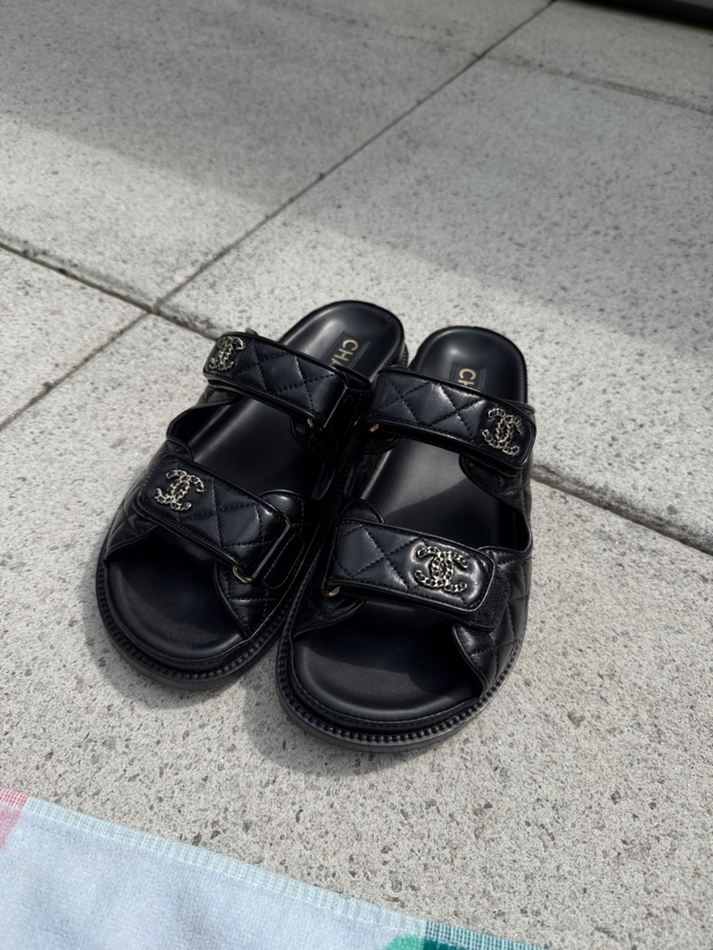 Authentic CHANEL Black Quilted Double-Strap Slide Sandals with Gold CC - Picture 7 of 7